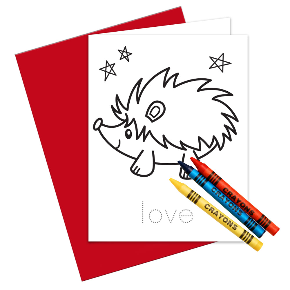 Cute hedgehog coloring card with bold and easy lines to color in and trace the letters 'love'