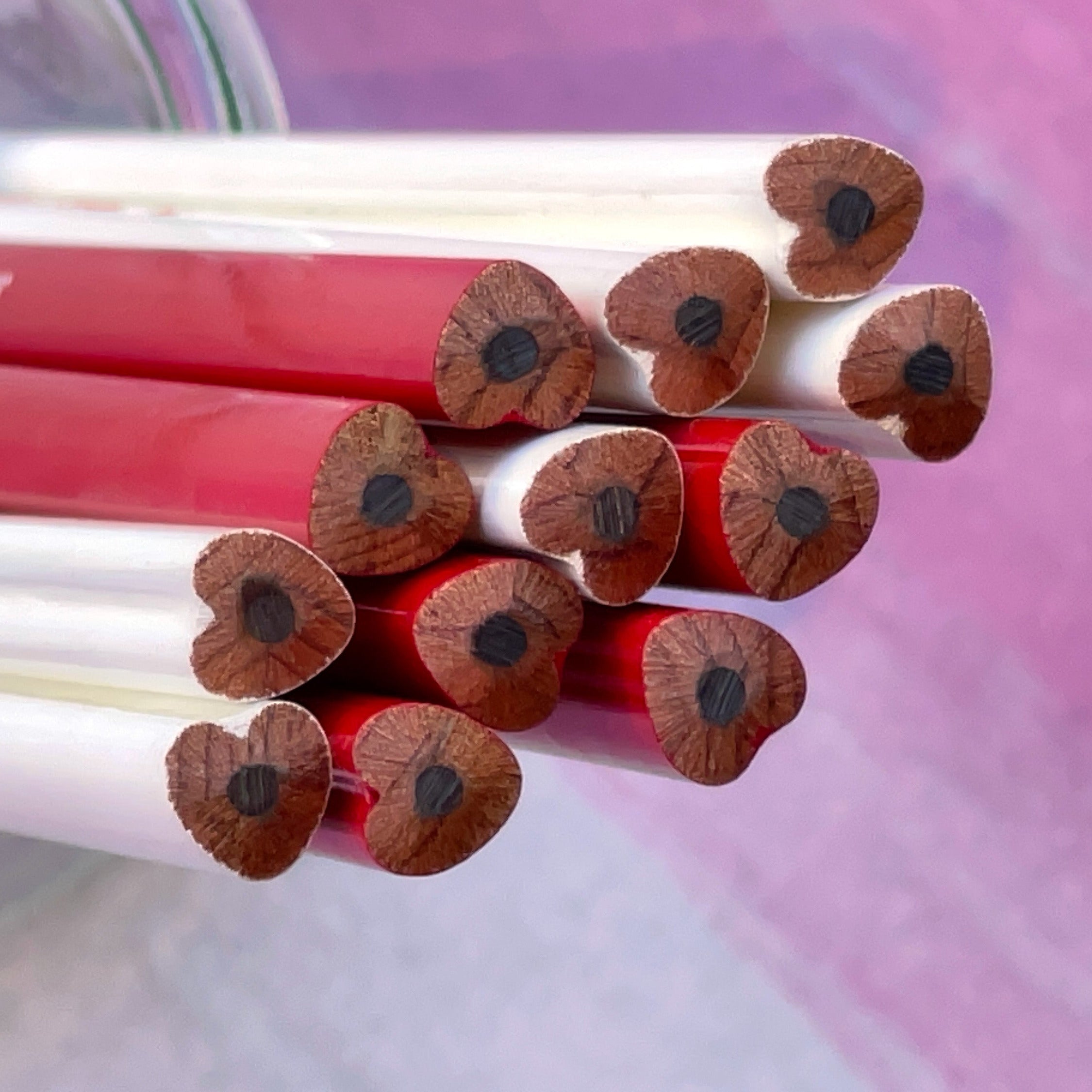 Red and white heart shape pencils with wooden tips on a pink background