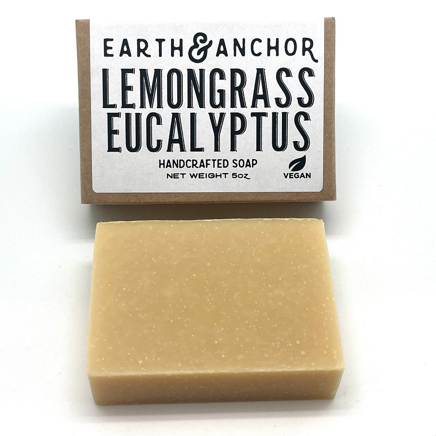 Earth & Anchor Lemongrass Eucalyptus soap bar with packaging on a white background