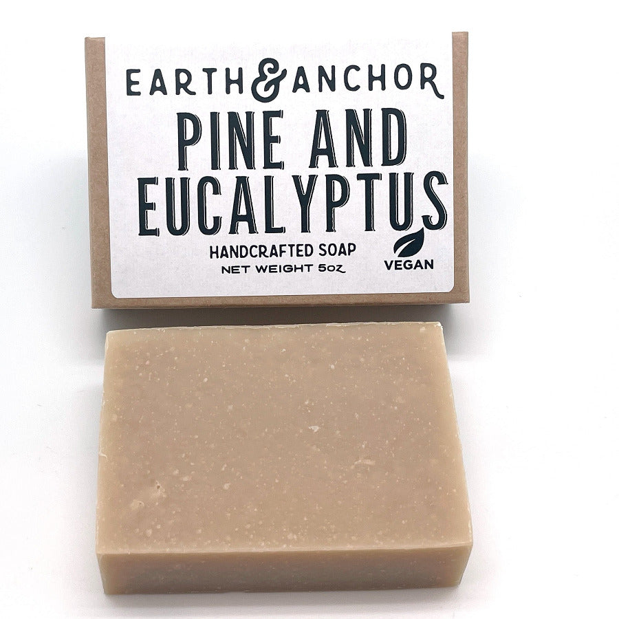 Earth & Anchor Pine and Eucalyptus soap bar with packaging on a white background