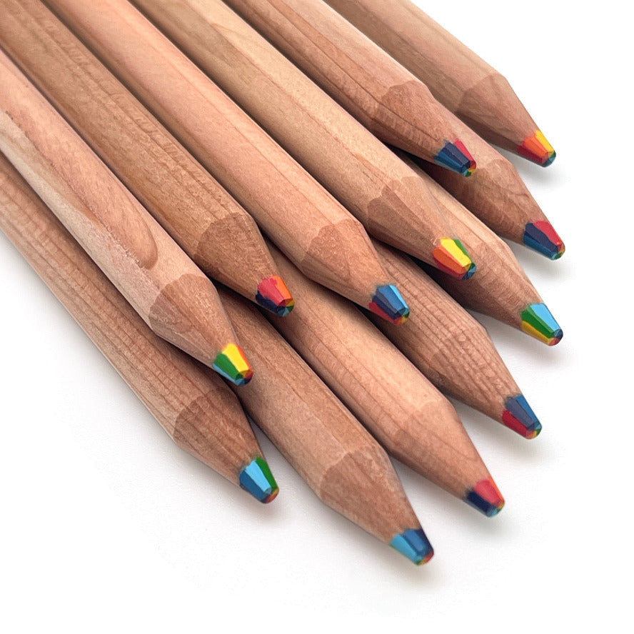A set of 12 sharpened cedar wood rainbow pencils showing the 7-in-1 color core tips arranged diagonally on a white background.