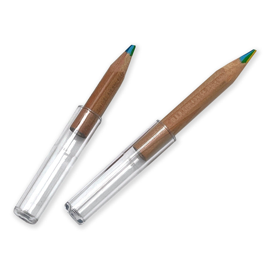 Two stubby rainbow pencils with clear plastic pencil extenders to give longer life, shown on a plain white background.