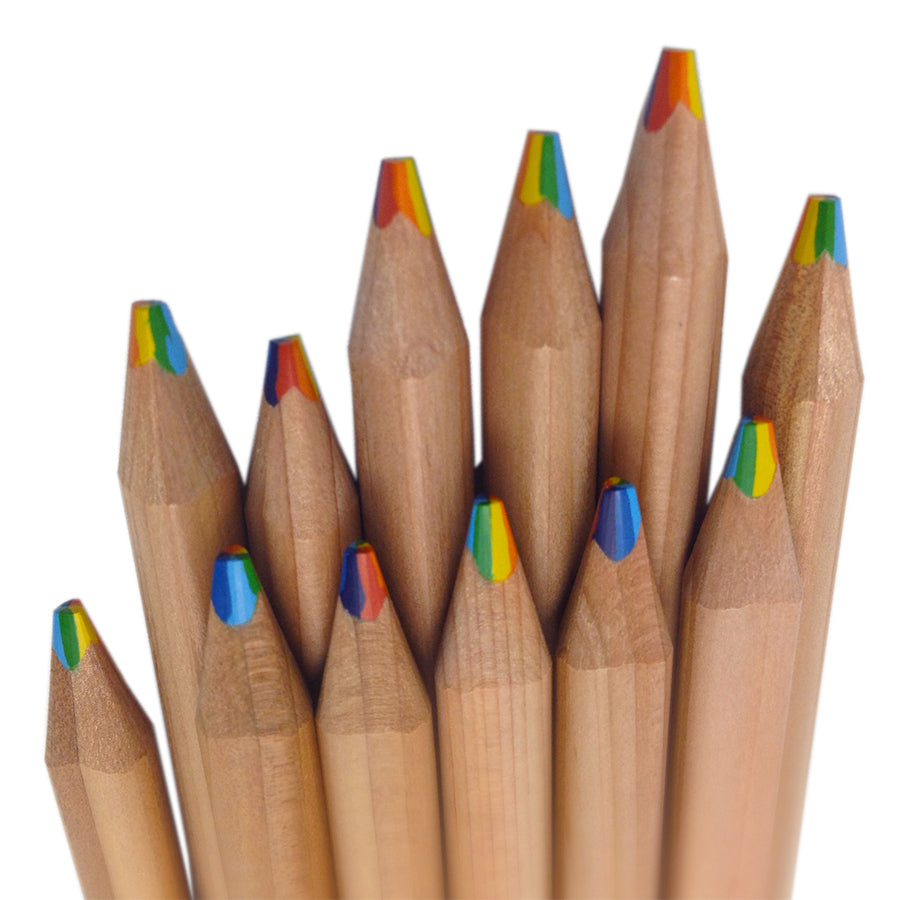 A cluster of natural cedar wood colored pencils with rainbow-colored tips, arranged against a plain white background.