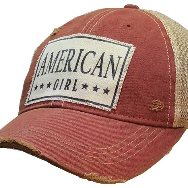 Red and beige cap with 'American Girl' patch on a white background