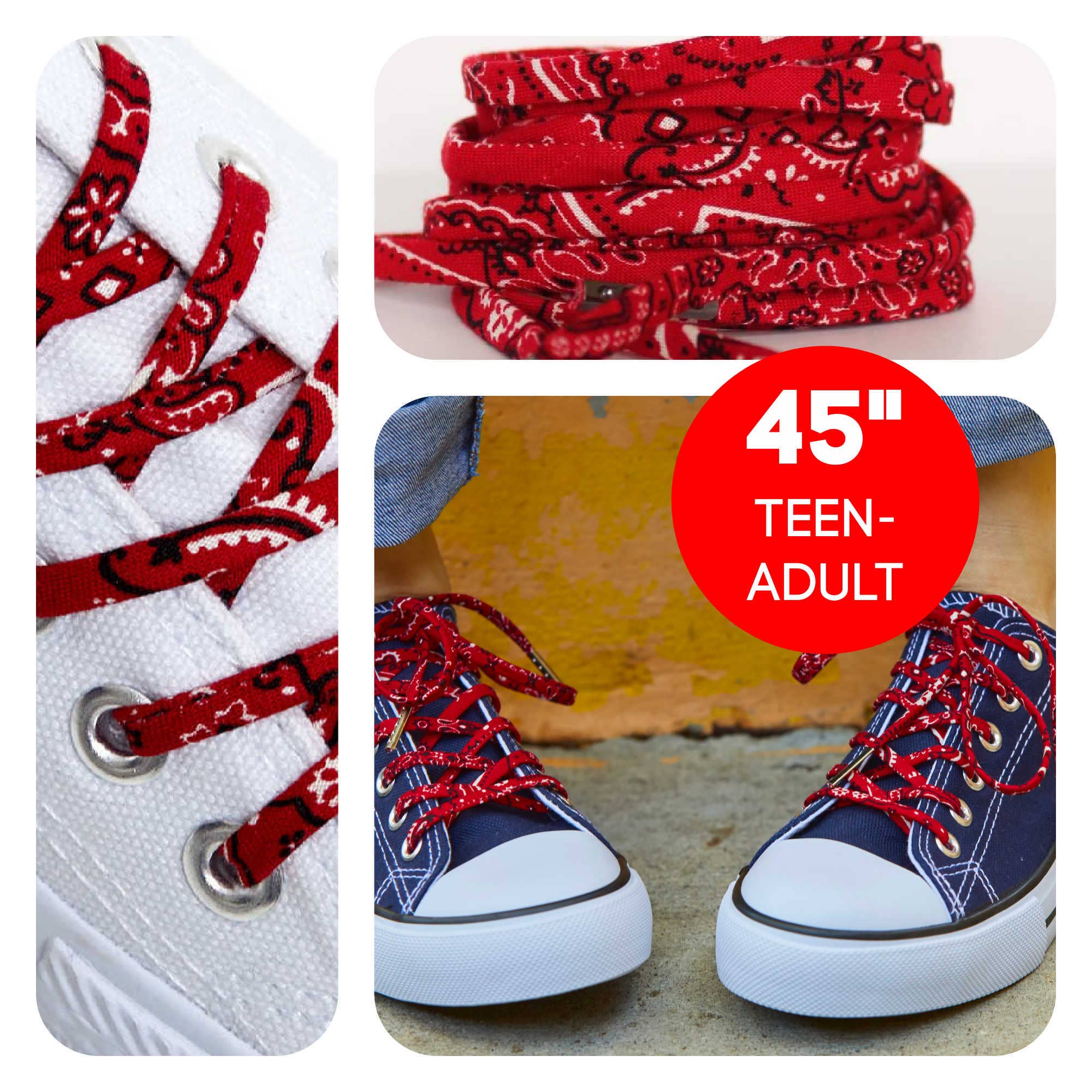 Red bandana-patterned shoelaces on a white sneaker, displayed with a red circle indicating size '45' for teen-adults.