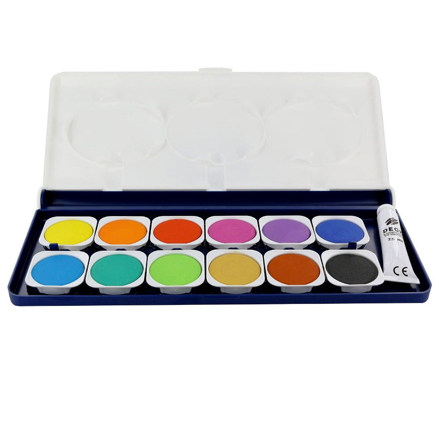 Watercolor paint box set with 12 colors on a white background