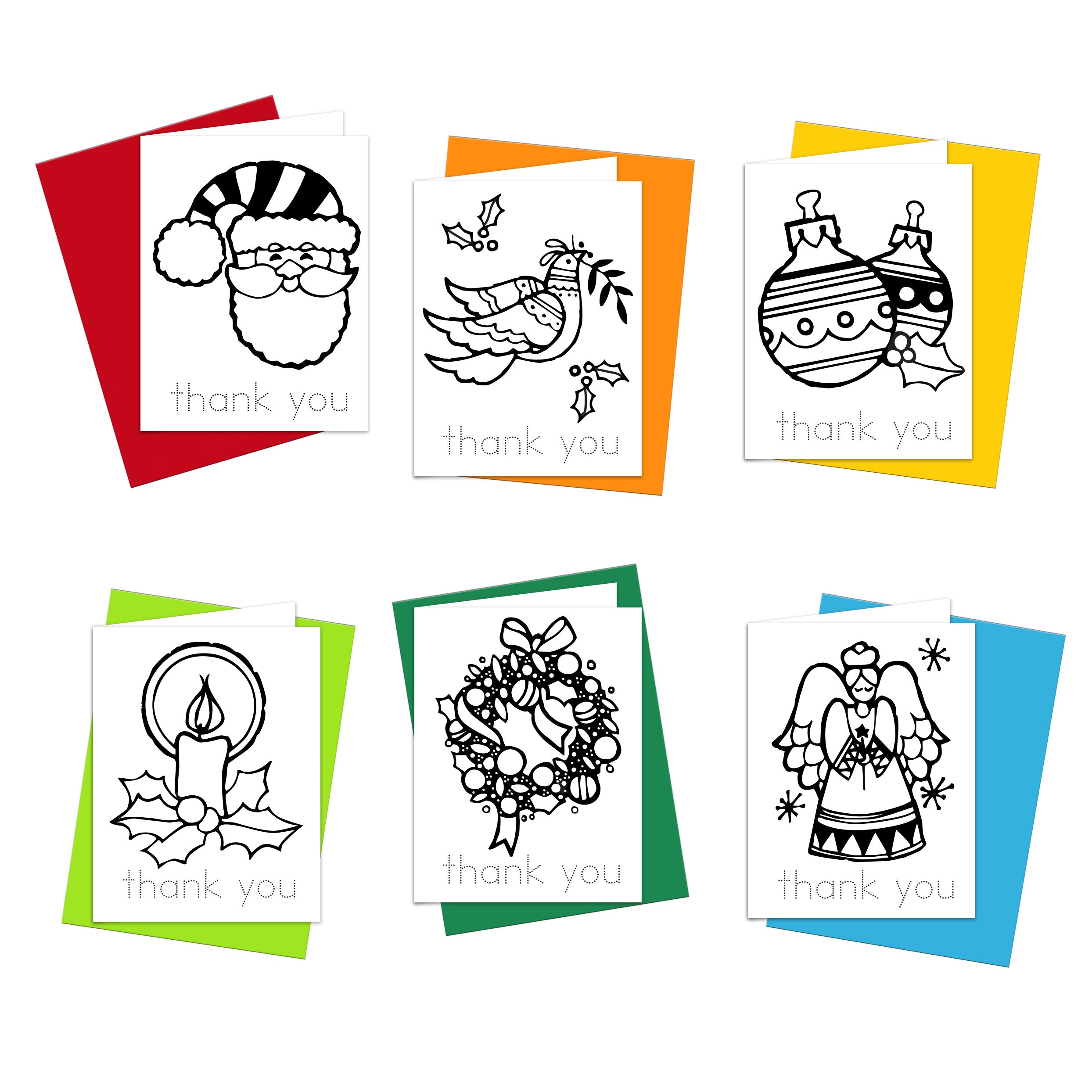 Bold and easy coloring cards for Christmas thank you notes with various illustrations such as Santa, an angel, and holiday ornaments.