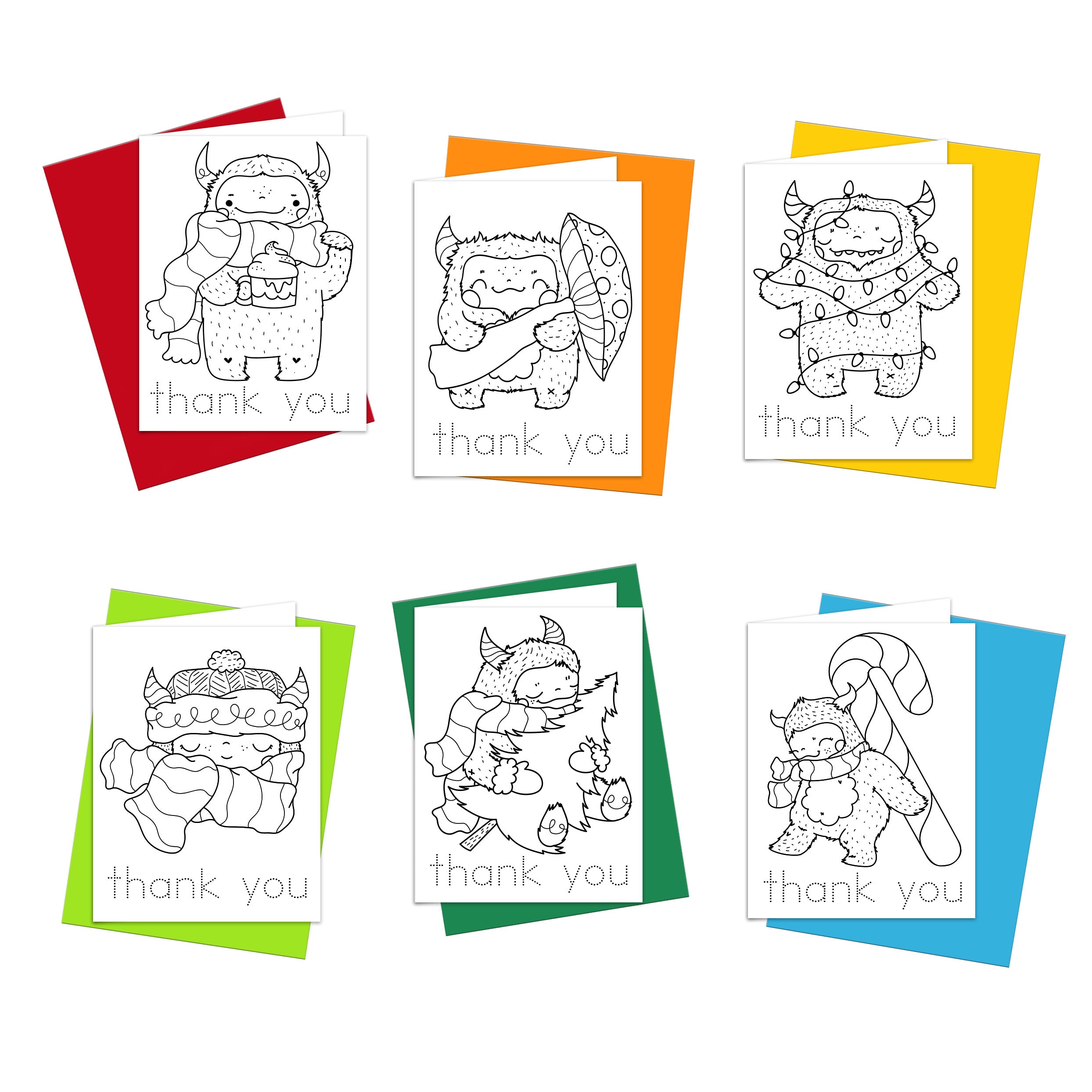 A set of colorful thank you cards with illustrations of Yeti designed for kids to color in.