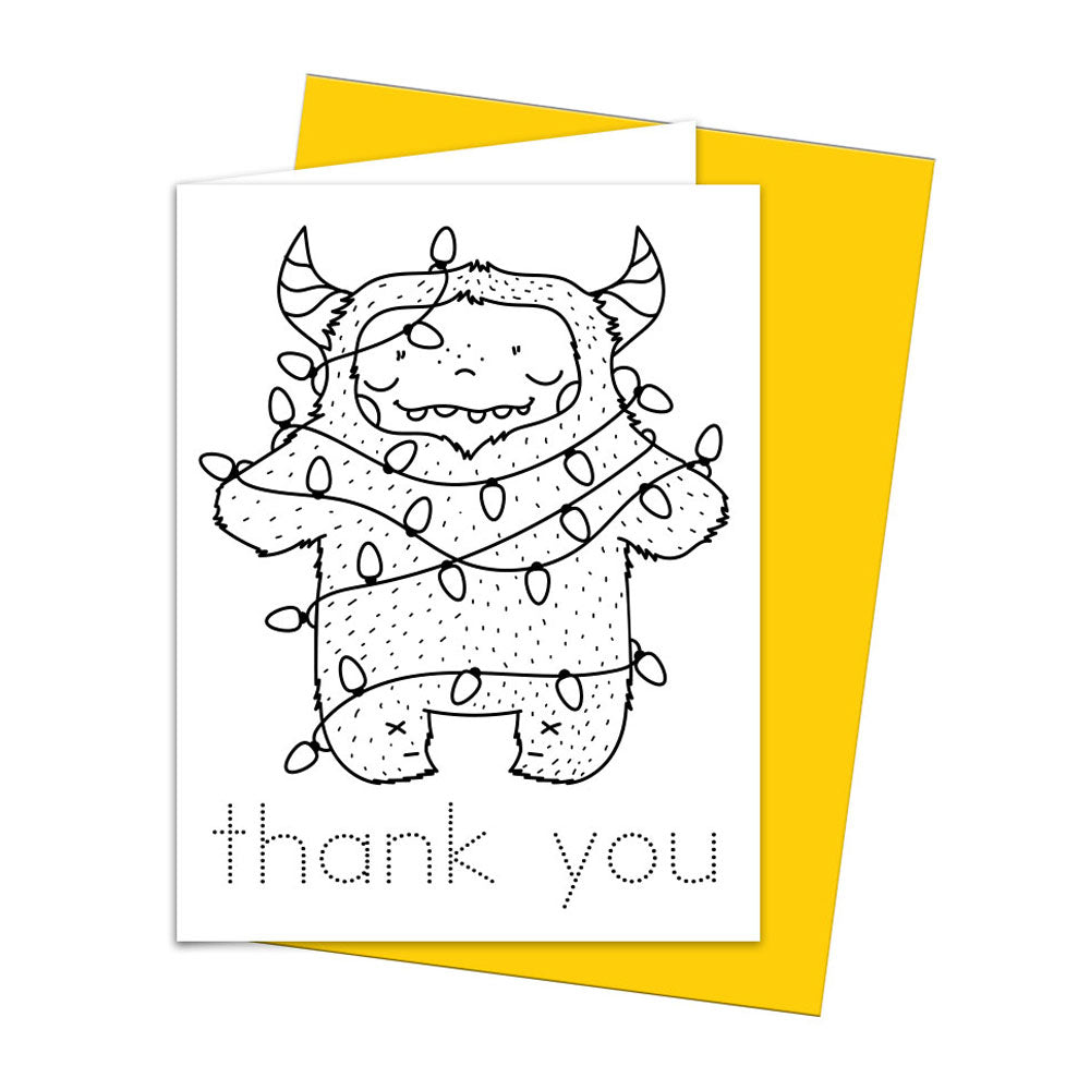 Christmas thank you note to color in with cute yeti wrapped in Christmas lights