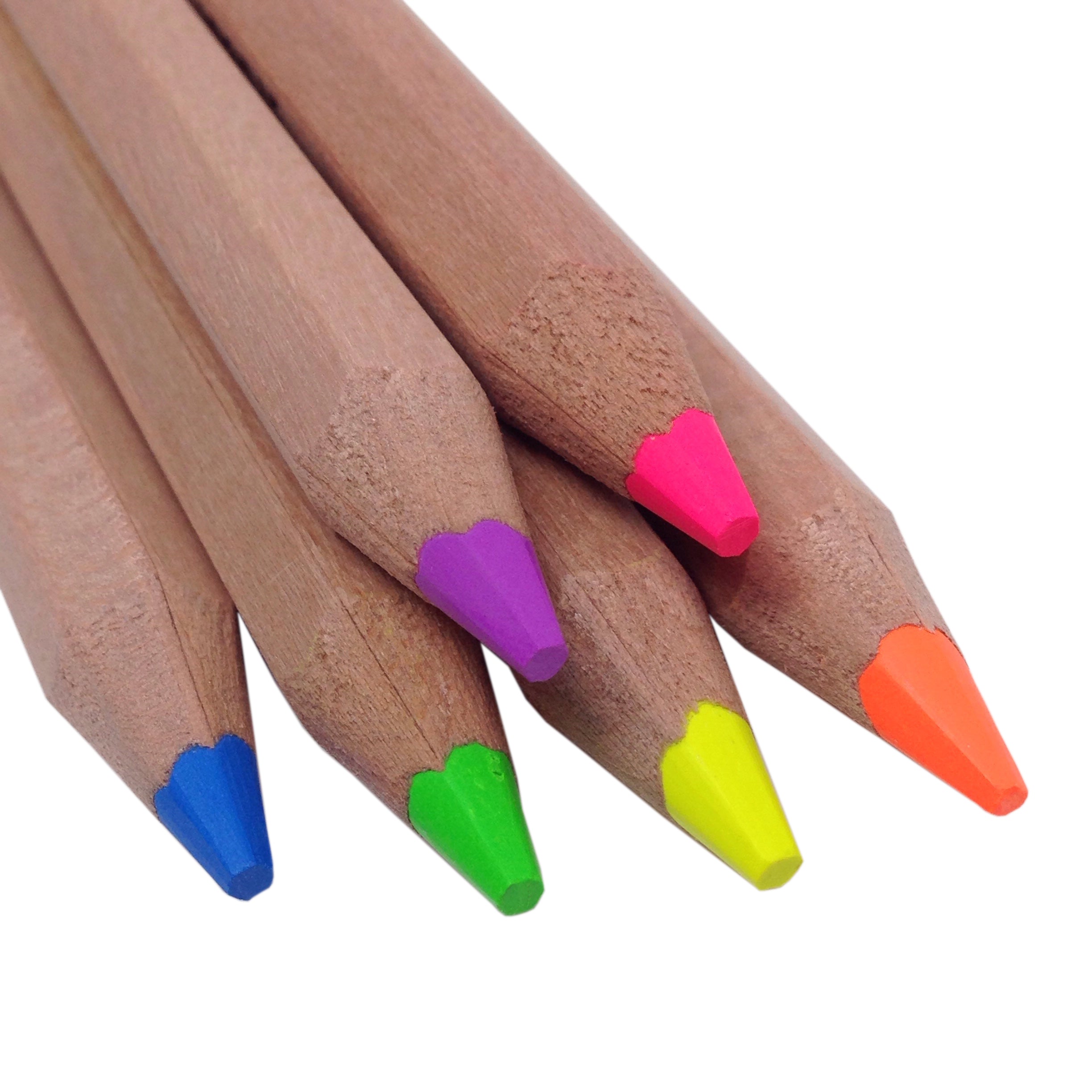 A set of biodegradable highlighter pencils with hexagon shape and neon colored tips in pink, purple, blue, green, yellow, and orange.
