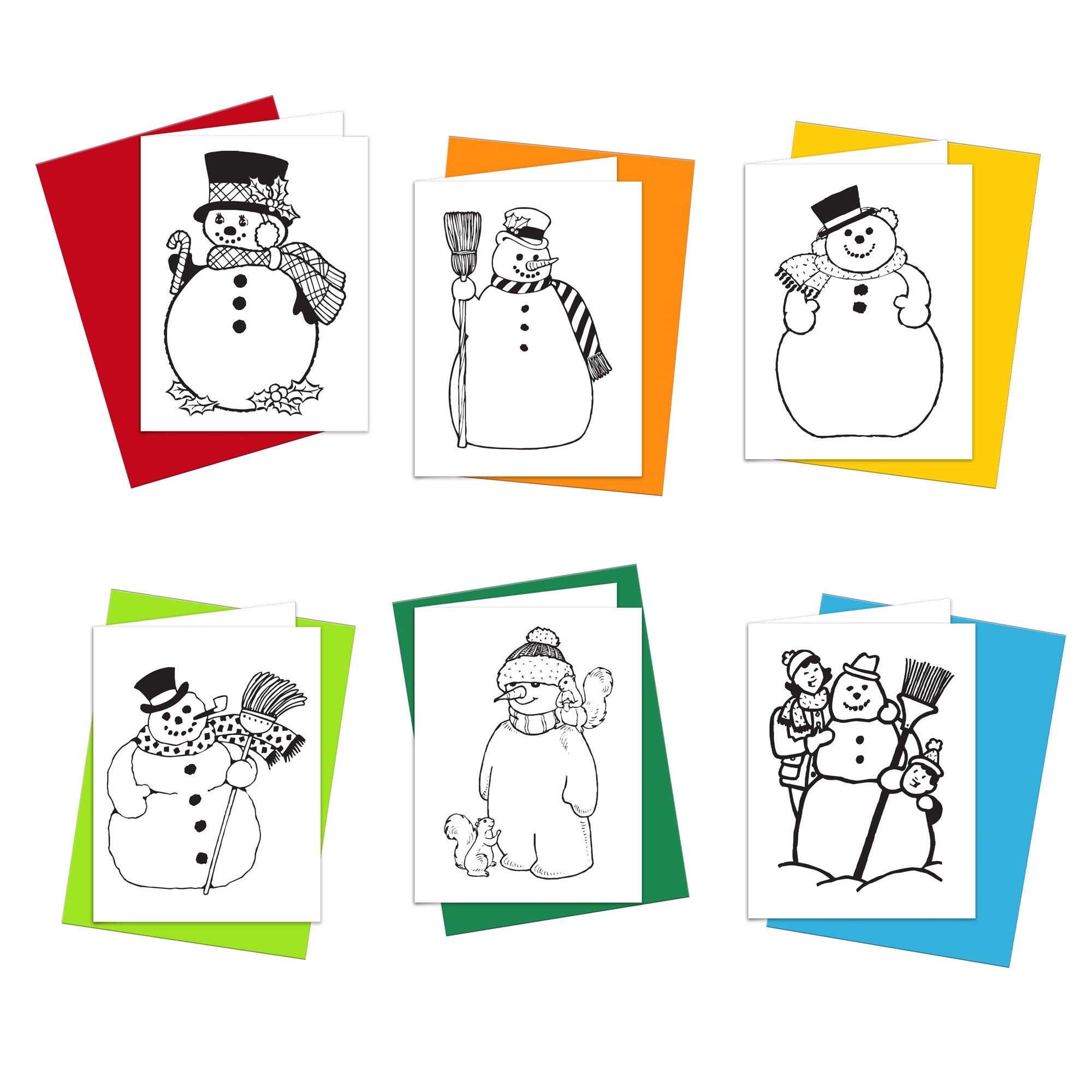 A collection of snowman-themed coloring cards with various designs, including different styles of snowmen, presented on a white background.