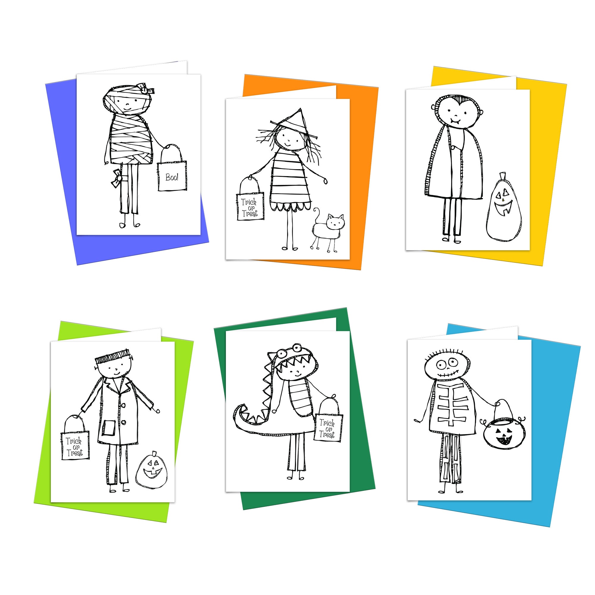 A set of six coloring cards with various Halloween Trick-or-Treat themed illustrations, such as characters in costumes and a pumpkin, designed for kids to color.