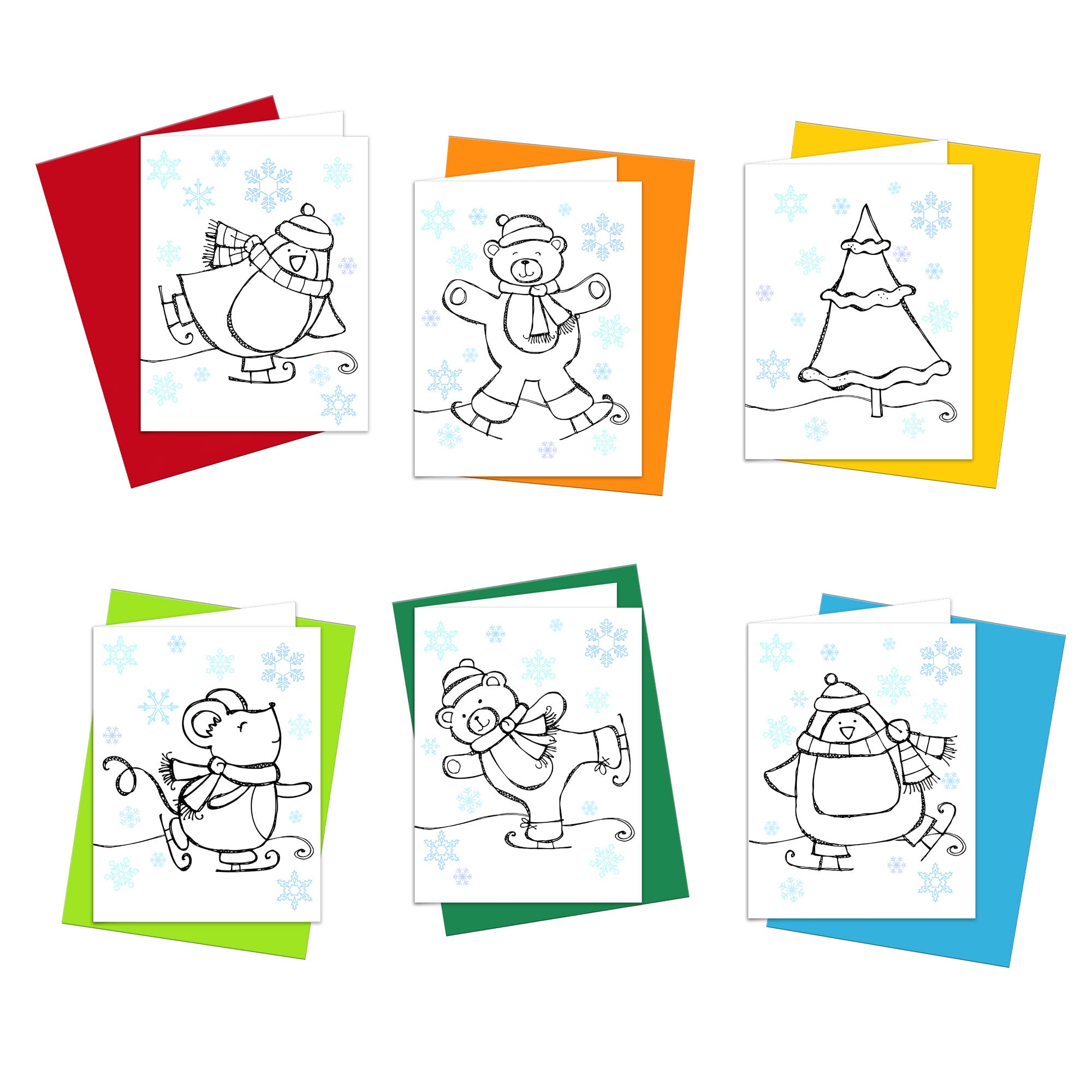 Set of snowflake winter theme coloring cards with cute penguins, a mouse, Christmas tree and bears
