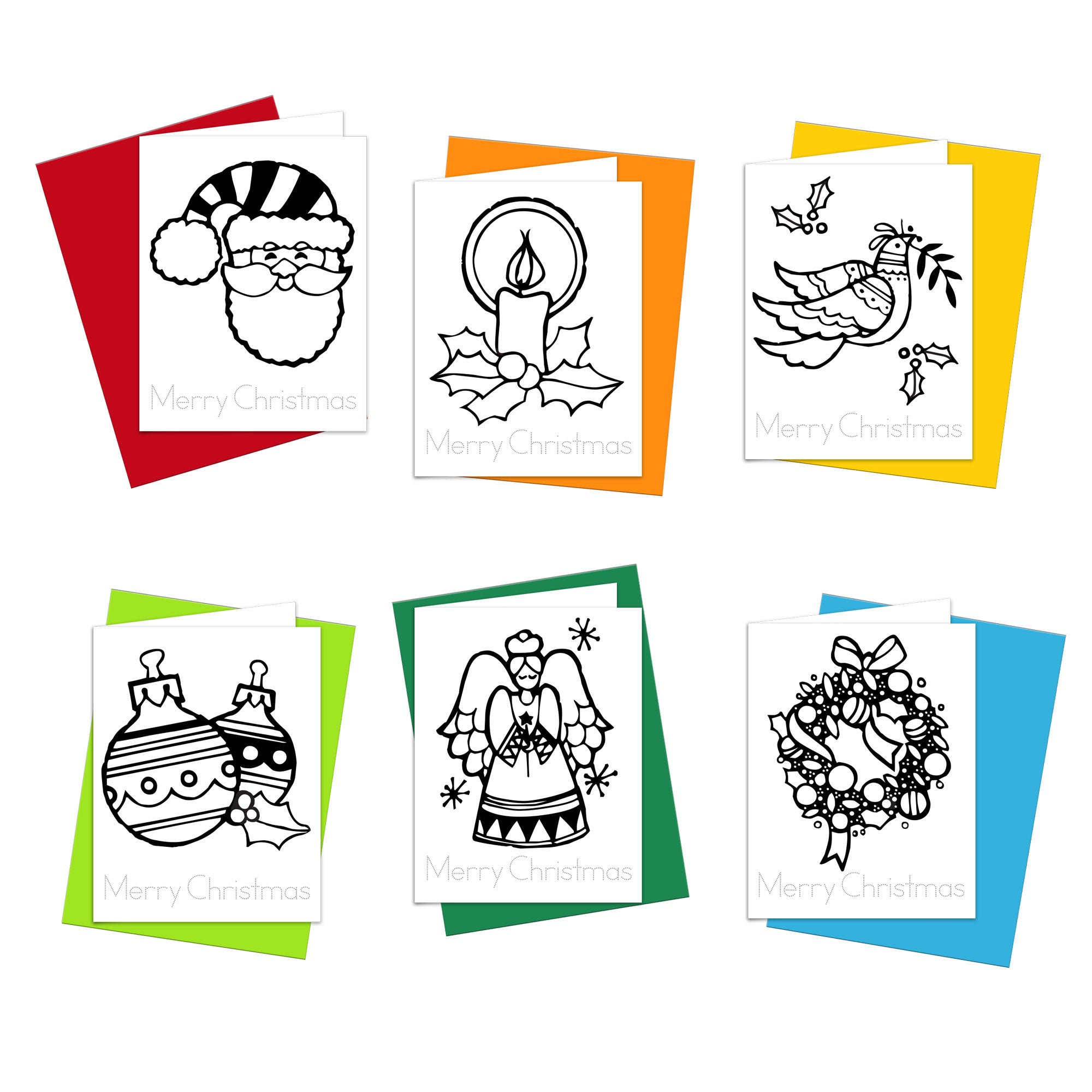 A collection of Christmas-themed coloring cards with various illustrations such as Santa, an angel, and a wreath, displayed on a white background.