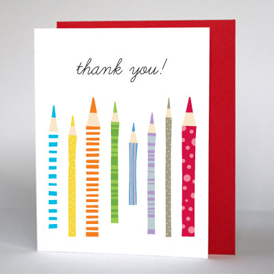 Note cards with colorful pencil illustrations and the words 'thank you!' in cursive printed at the top.