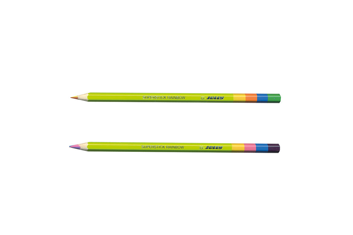 photo of 2 colored pencils with multiple colors in each pencils and they write in rainbow colors