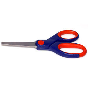 A pair of children's blunt tip scissors with blue and red handles and titanium blades.