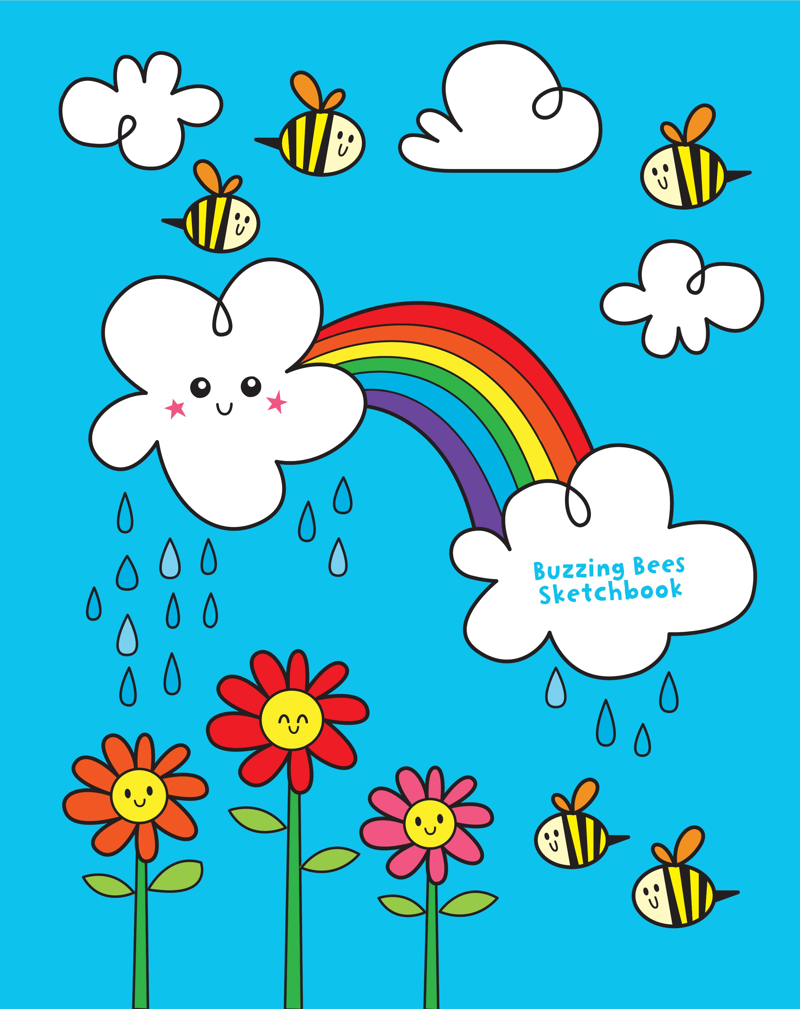 Large size sketchbook with bees, rainbow, and flowers to draw and doodle