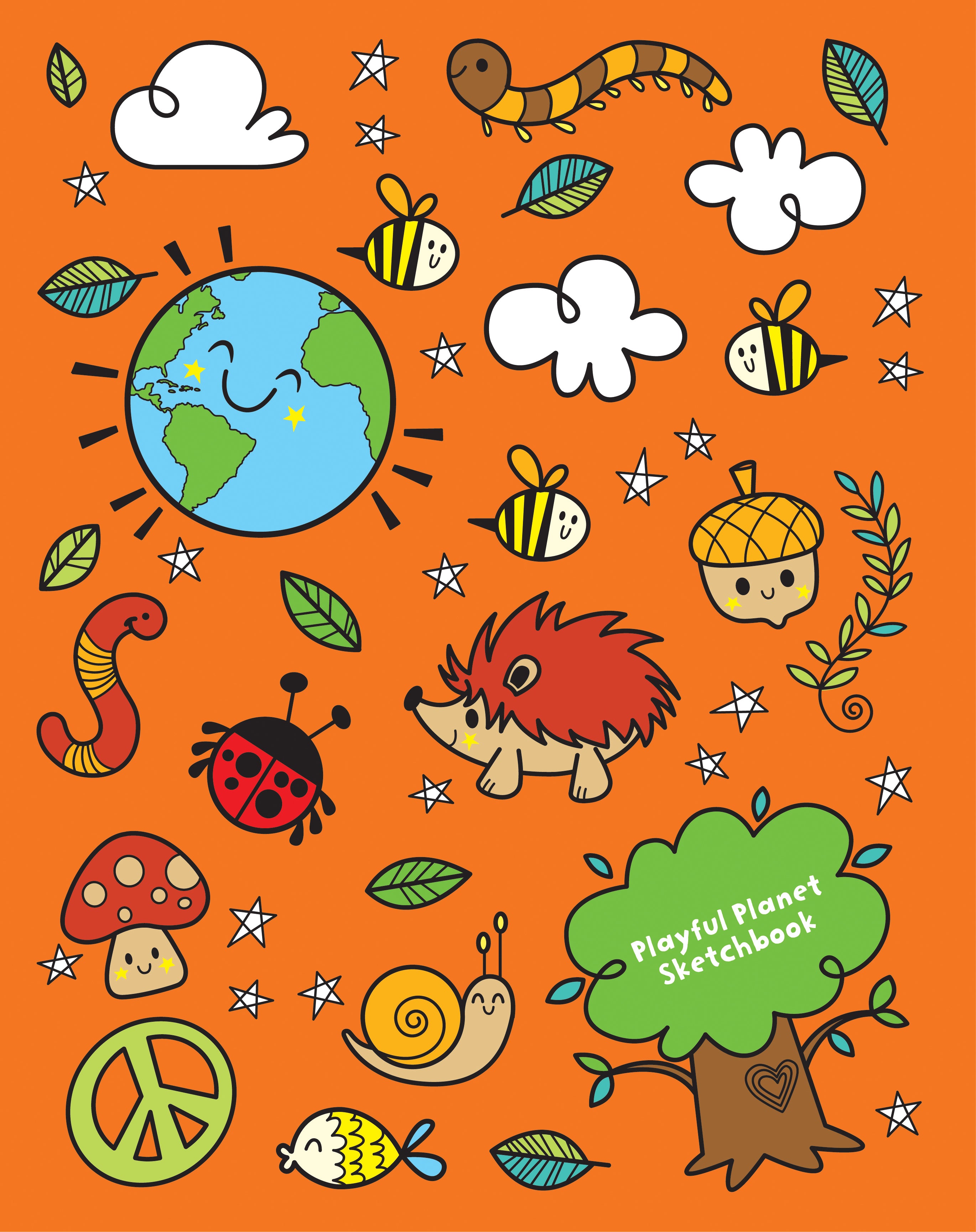 Large size sketchbook with cute nature illustrations in kawaii style - bees, earth, acorns, mushrooms, snail to draw and doodle
