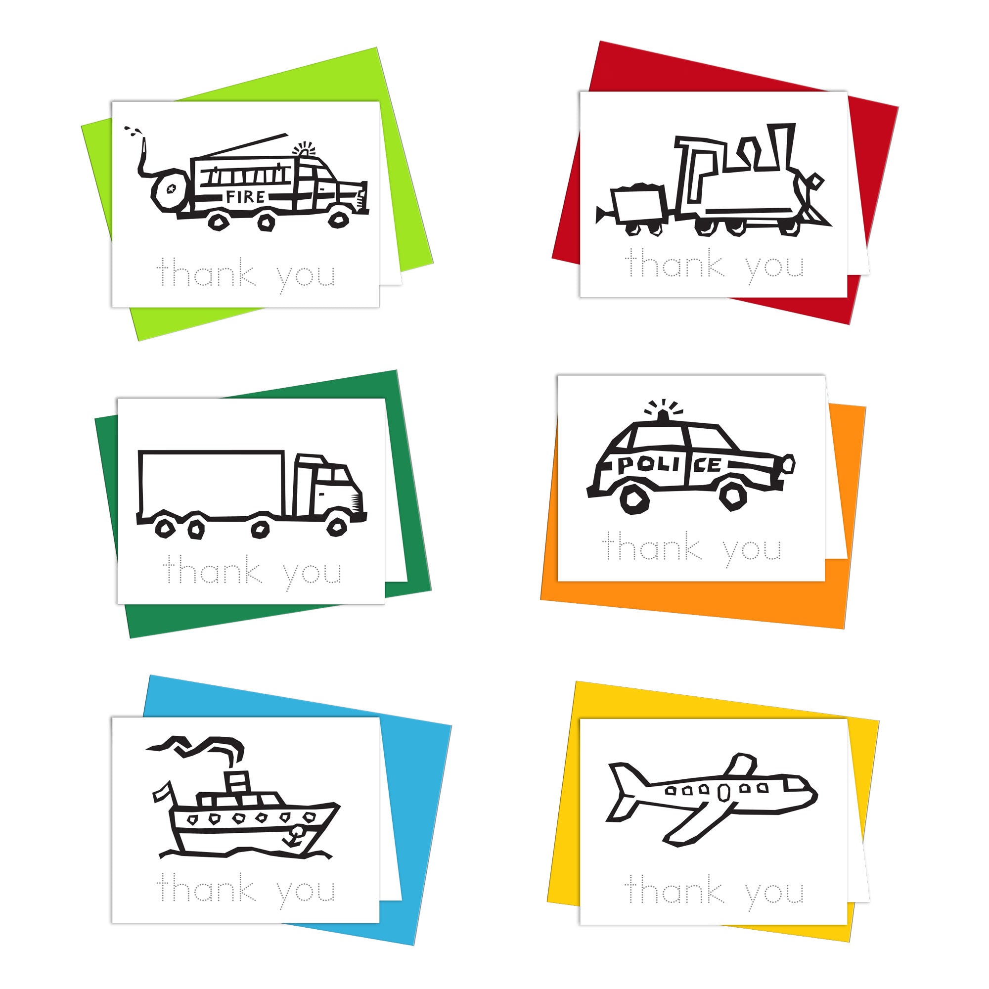 Set of six vehicles thank you cards with illustrations of a train, a truck, a fire engine, a police car, and a ship, each on a colored envelope.