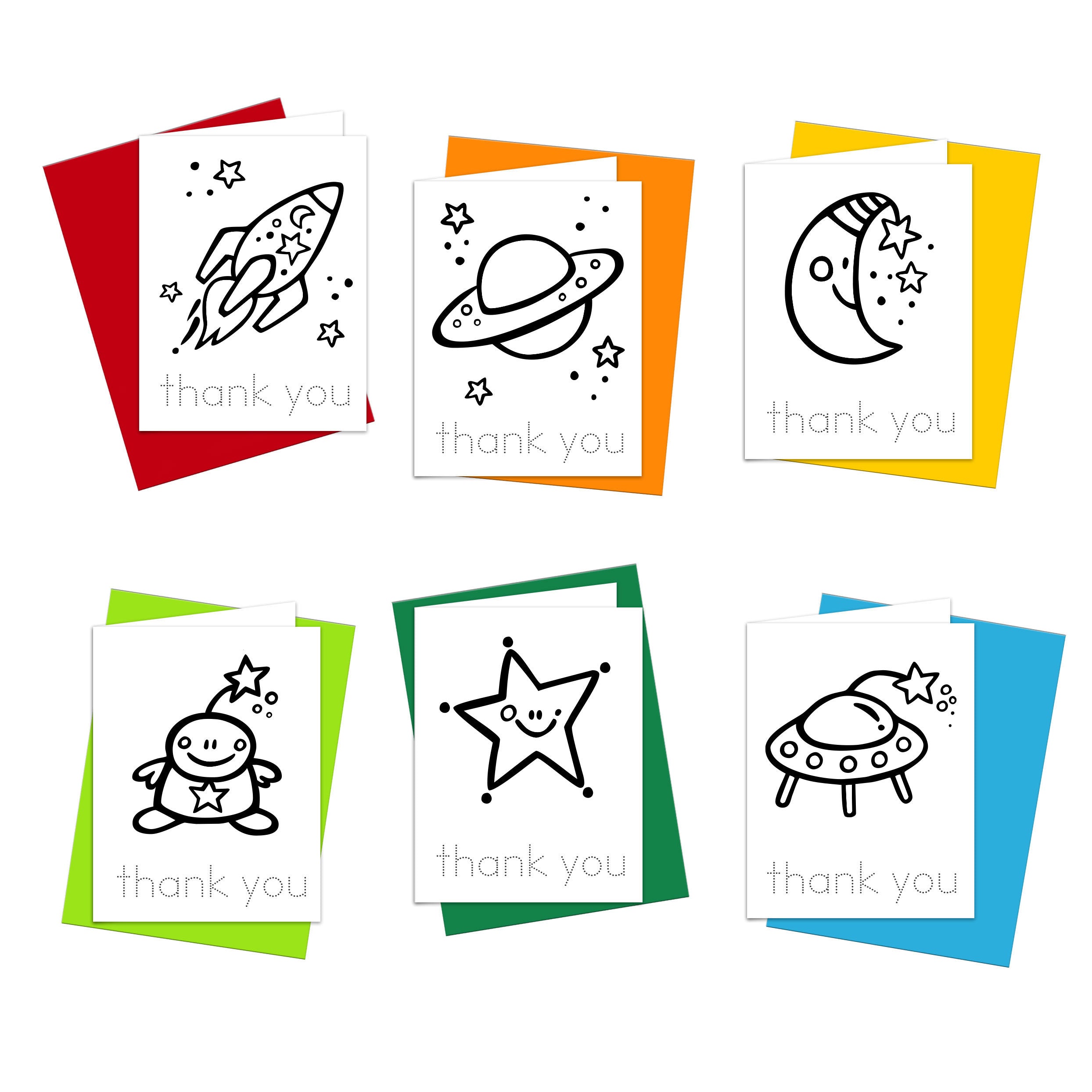 Coloring cards 'thank you' notes with space rocket and star and moon with colorful envelopes, and there are 'thank you' text to trace on each card.