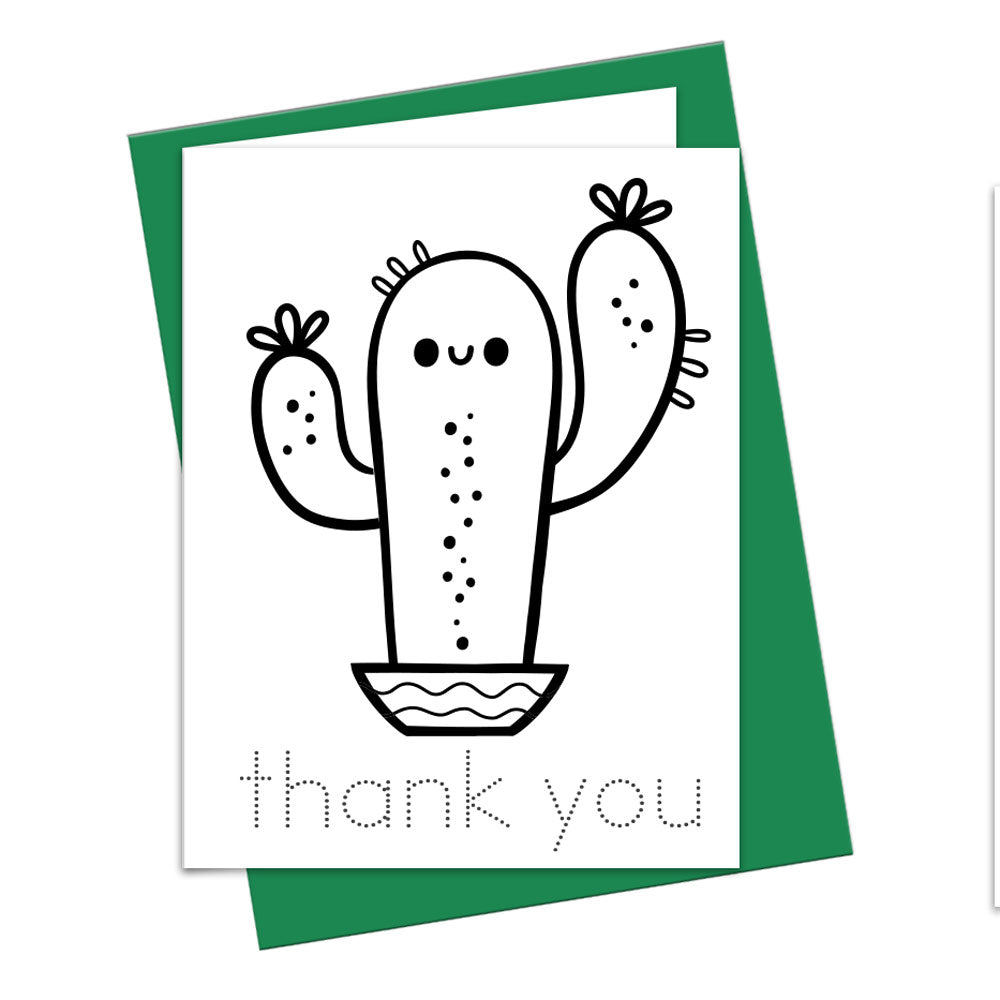 cute cactus succulent coloring card with words to trace 'thank you'