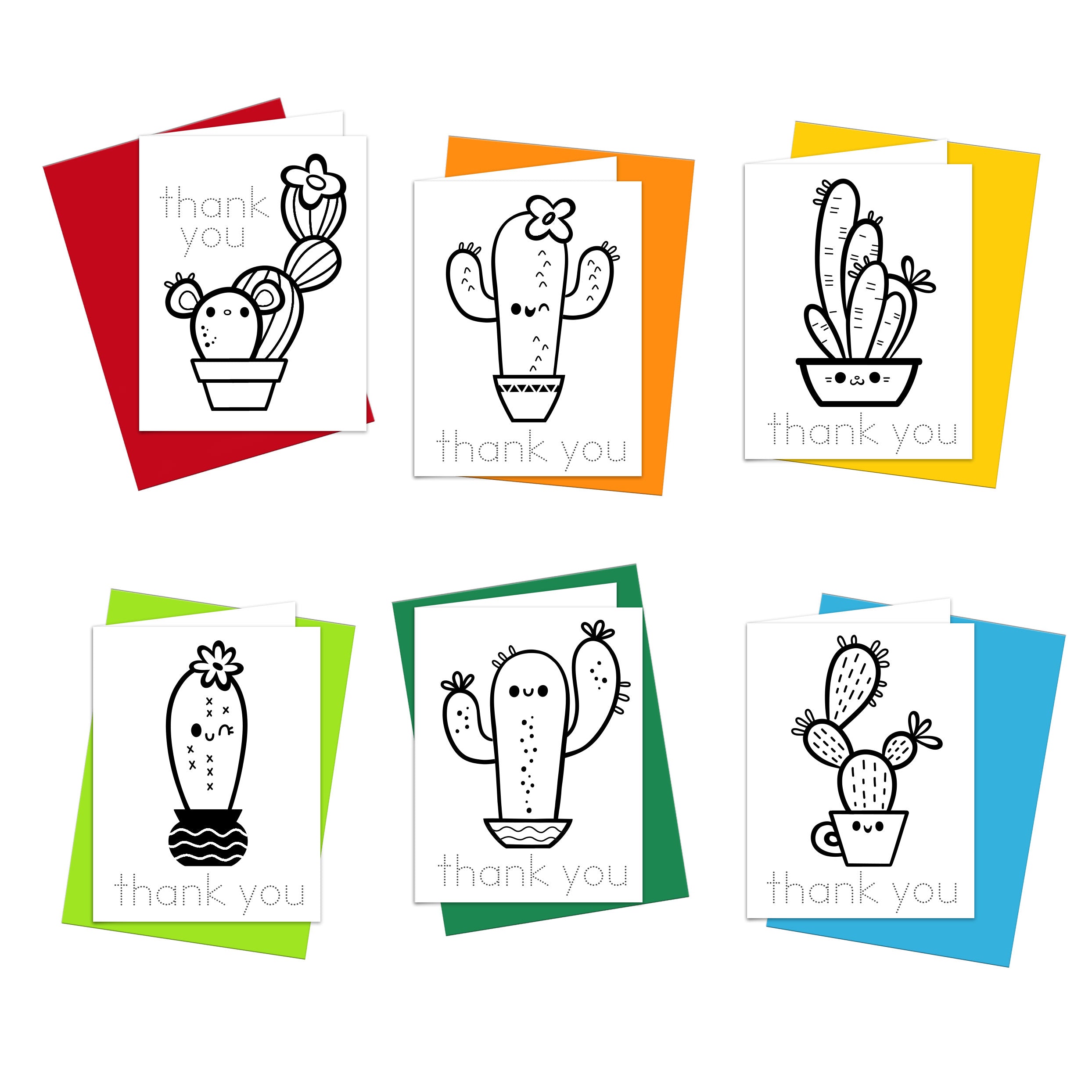 A set of colorful thank you cards with illustrations of various kawaii style cacti on each card, displayed against a white background.