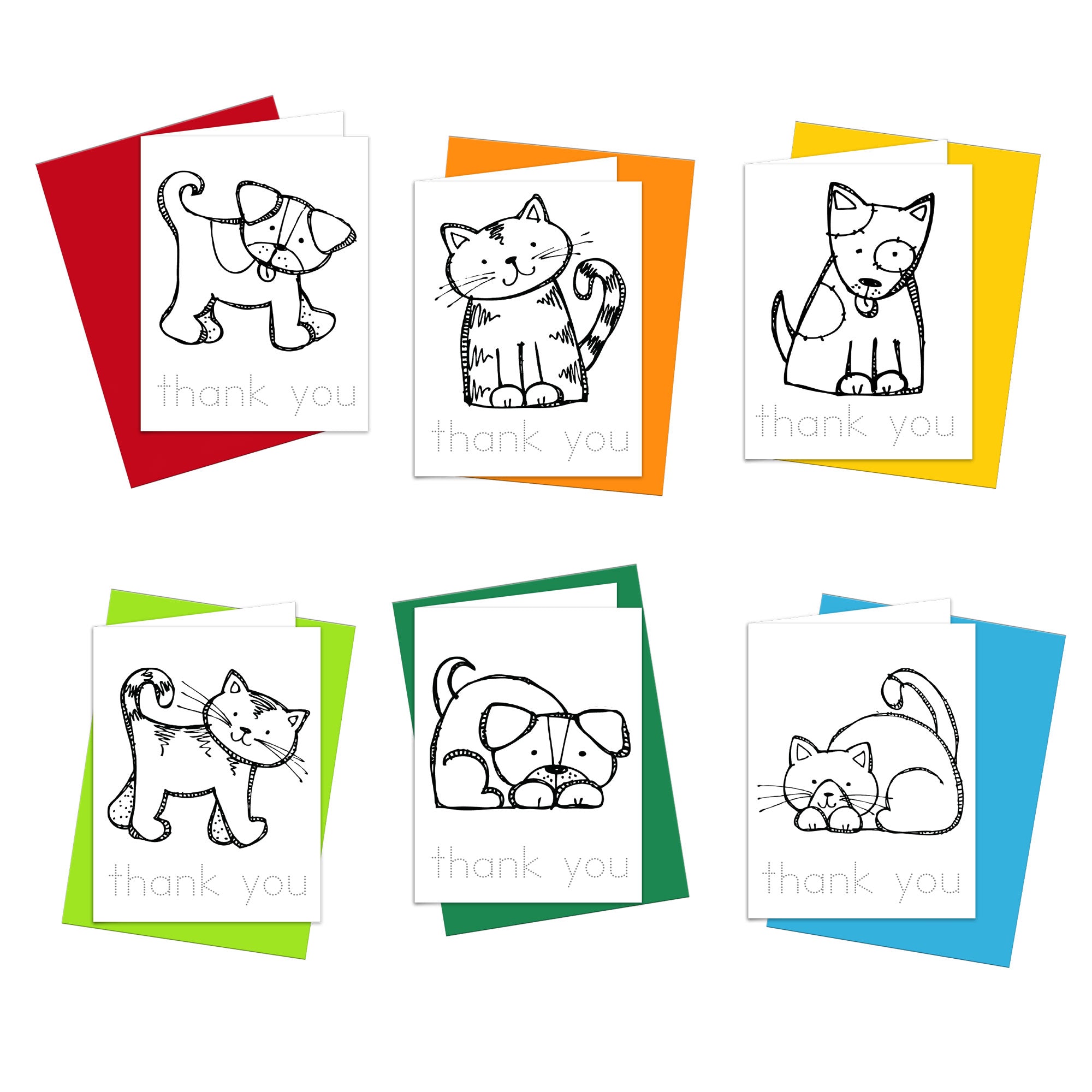 A set of six colorful thank you cards with various illustrations of cats and dogs, designed for coloring by kids.