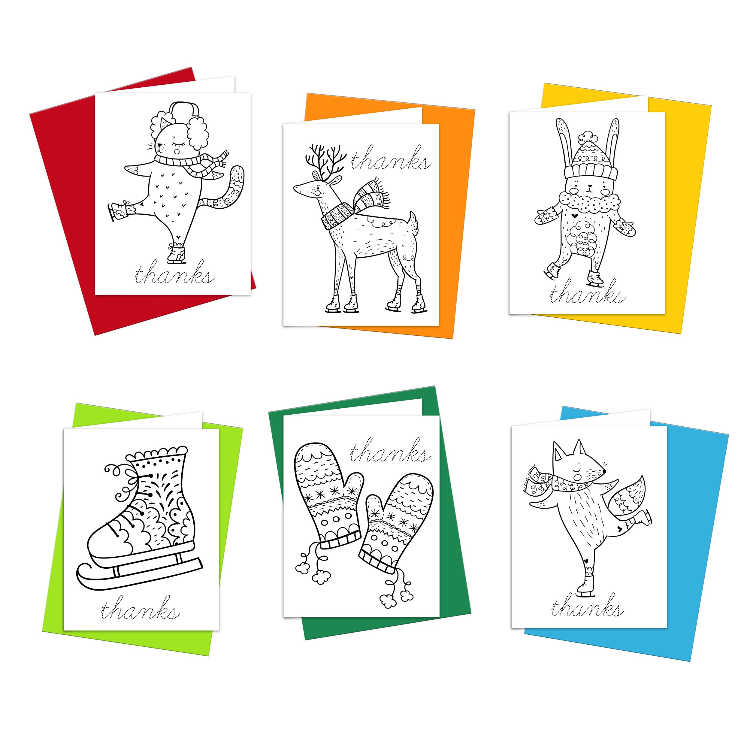 A set of colorful thank you cards with various illustrations including a penguin, reindeer, and other winter-themed designs with ch card has the words 'thanks' written in a cursive script.
