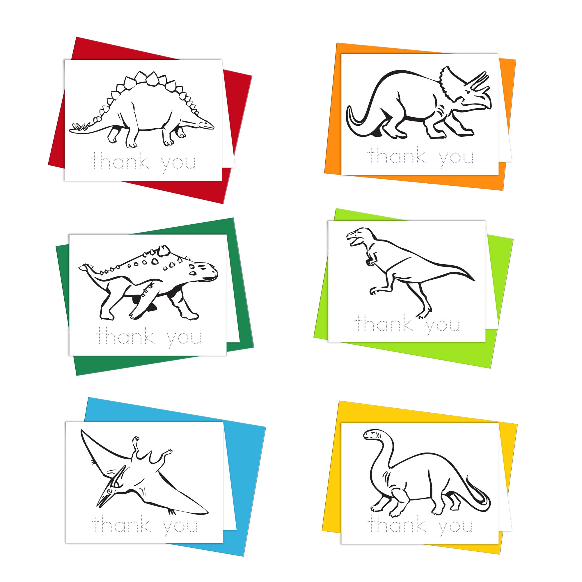 Bold and easy coloring card thank you notes with dinosaur outlines on a white background.