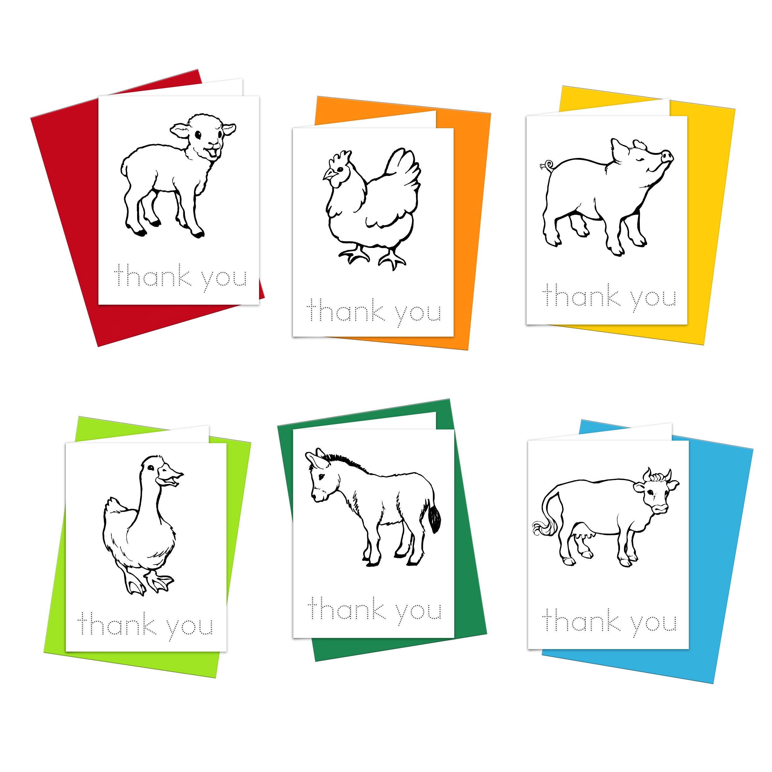 A set of six 'thank you' note cards with illustrations of farm animals on them, each card is a different color with a white outline drawing of a sheep, chicken, dog, duck, horse, and cow. Each card has the words 'thank you' printed across the front.