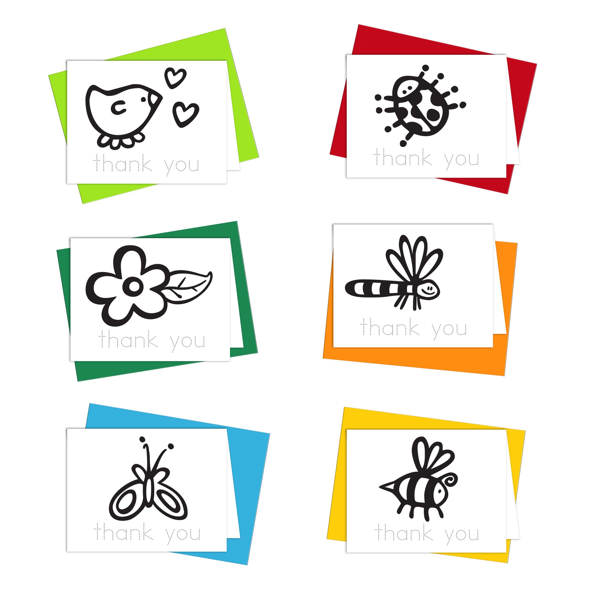 A set of six thank you notes to color with garden and nature themed illustrations such as a bird, ladybug, flower, dragonfly, bee, and butterfly, all labeled with 'thank you'.