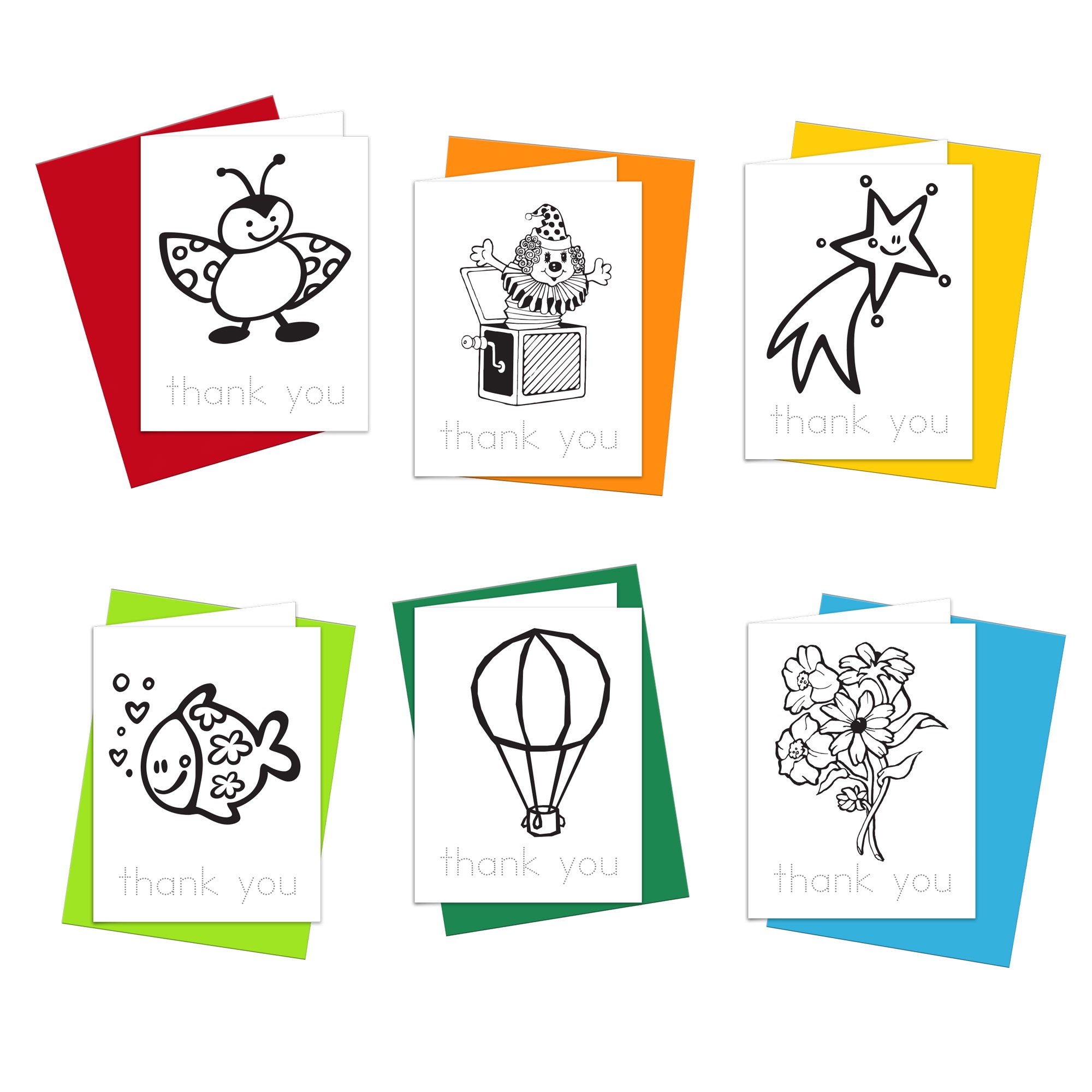 A collection of colorful thank you cards with different illustrations such as a bug, a robot, a star, a fish, a hot air balloon, and flowers, each with the words 'thank you' printed on them. The cards are displayed on a white background.