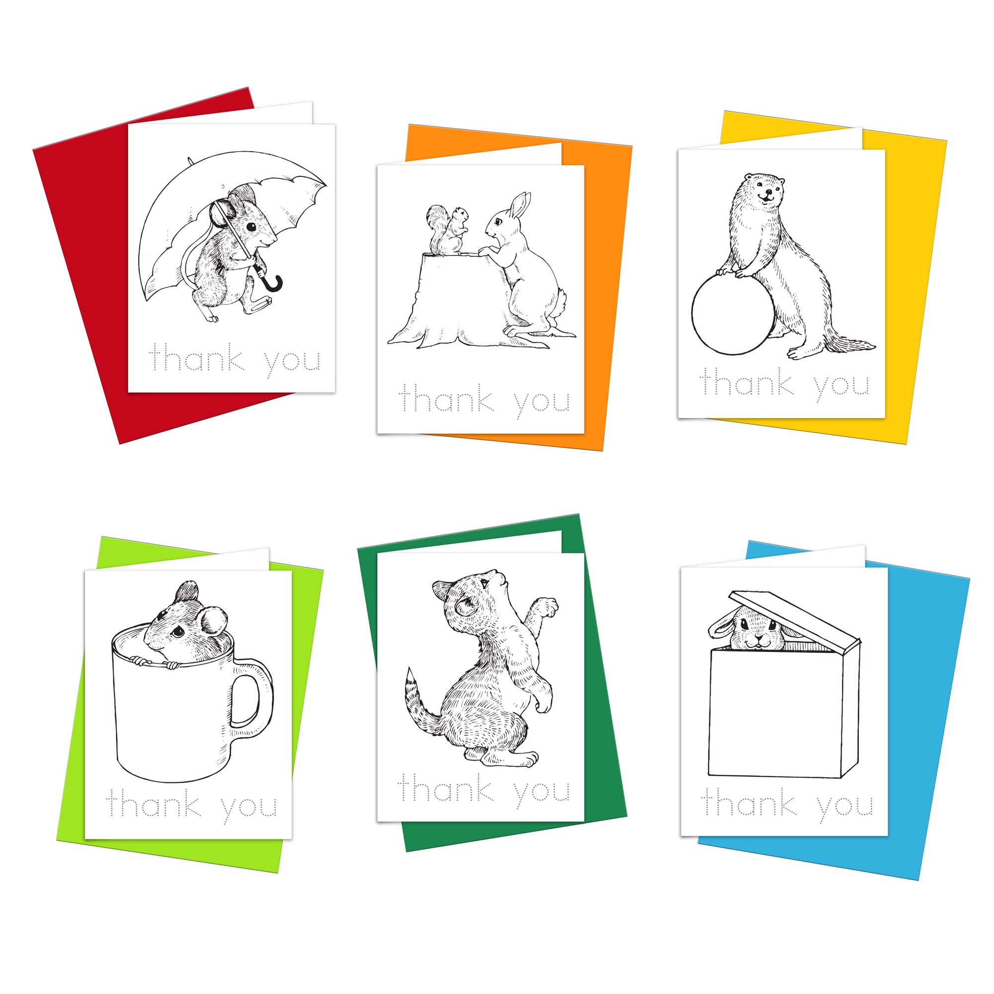 A set of coloring thank you cards with whimsical animal illustrations that children can color in.