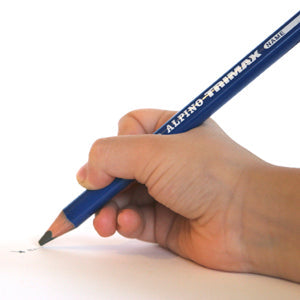 A child's hand holding a triangular shape jumbo graphite pencil and starting to write