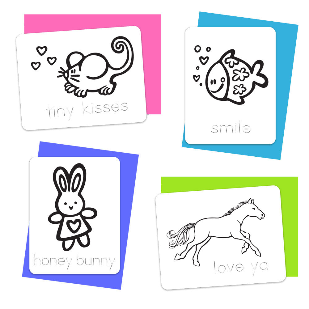 A collection of colorful Valentine's Day cards with various cute illustrations such as animals and phrases, displayed on a white background.