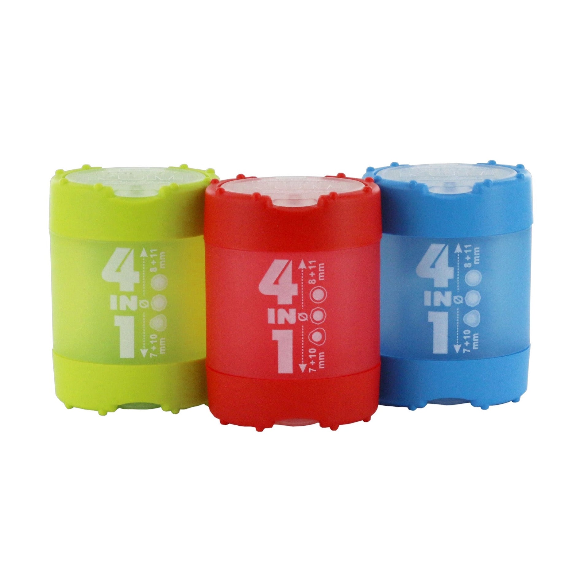 Three colorful pencil sharpeners on a white background