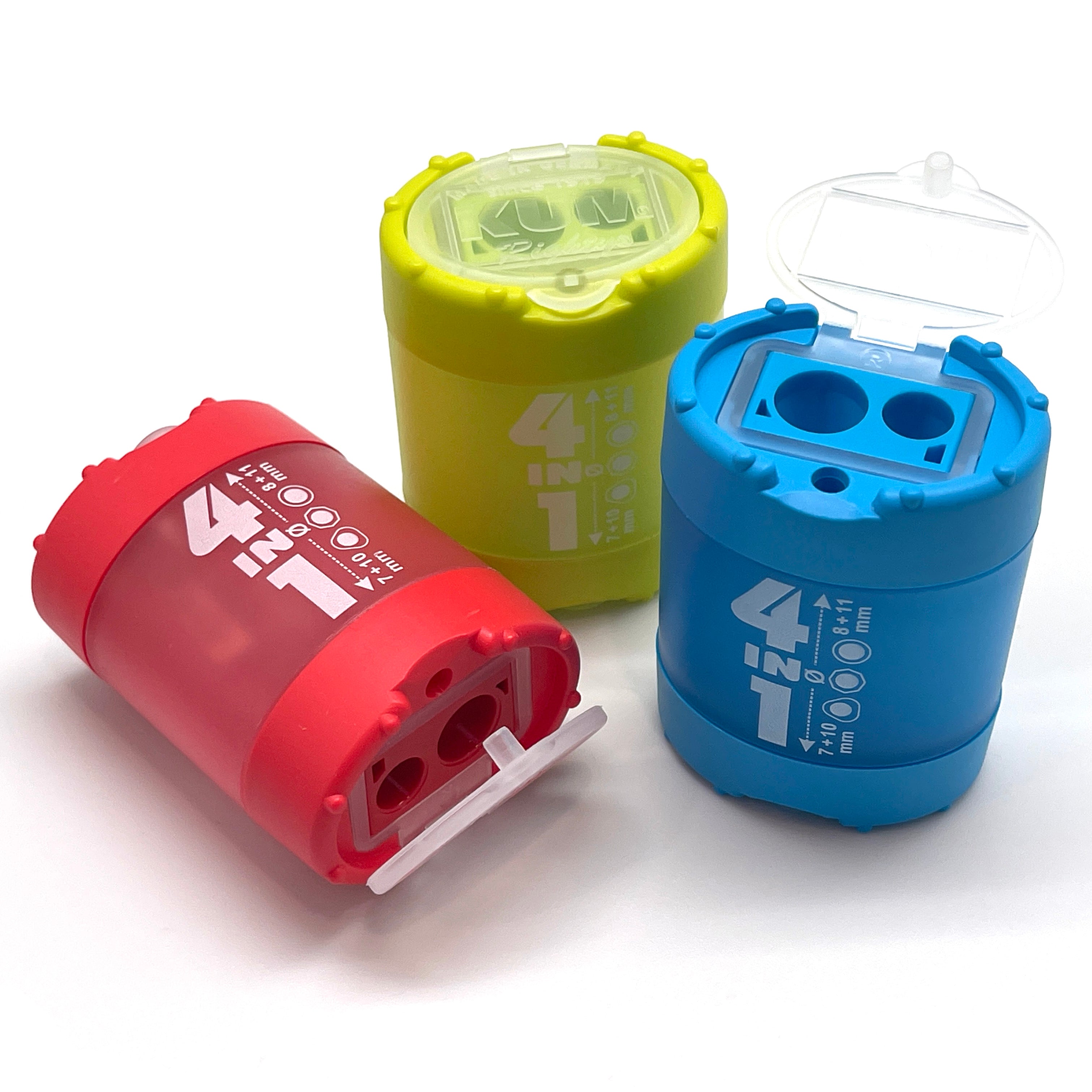 Three colorful pencil sharpeners (red, lime green, blue) on a white background