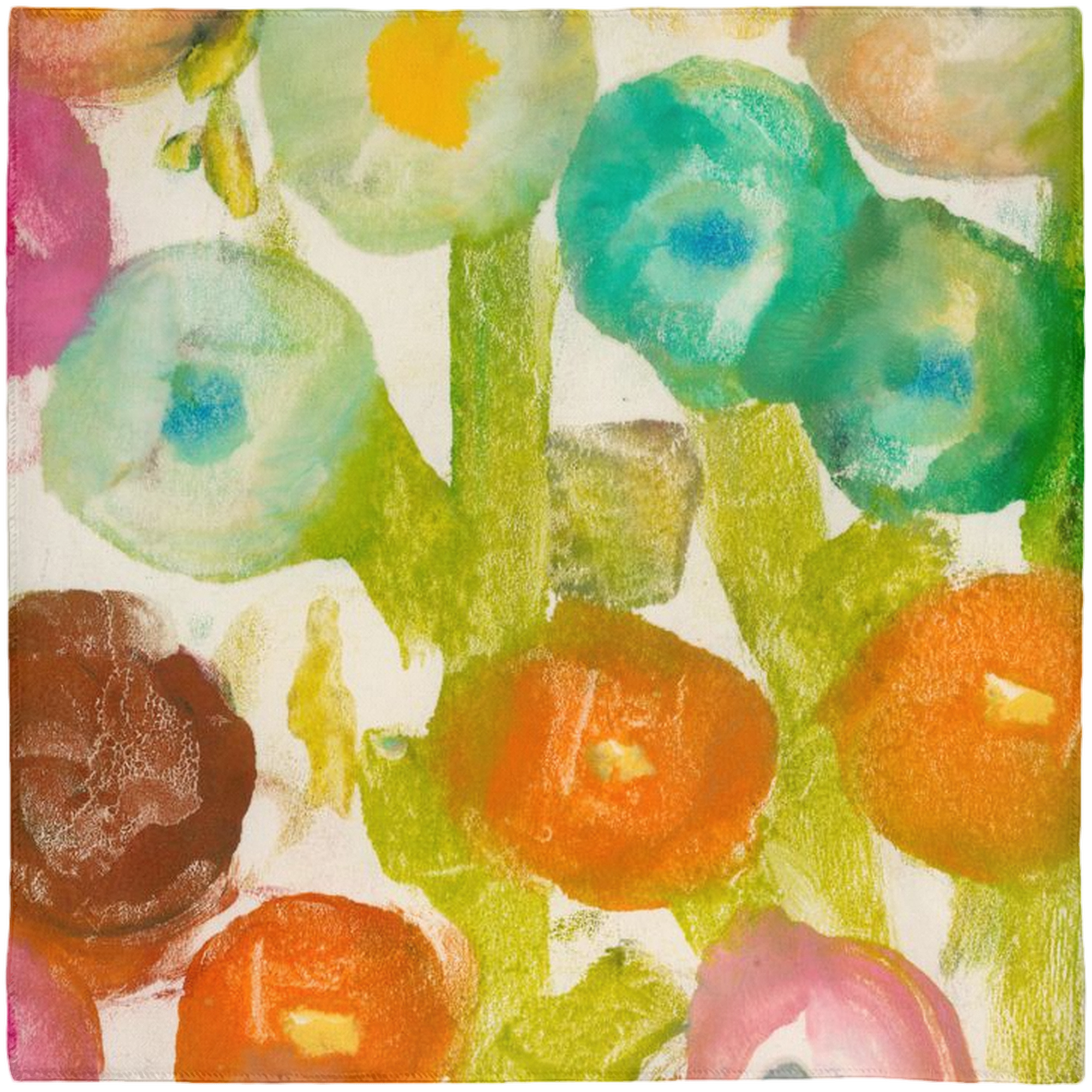 Art on the Go! Colorful abstract floral painting reproduced on a large square scarf