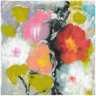 Bright and colorful abstract floral painting reproduced on a large square scarf.