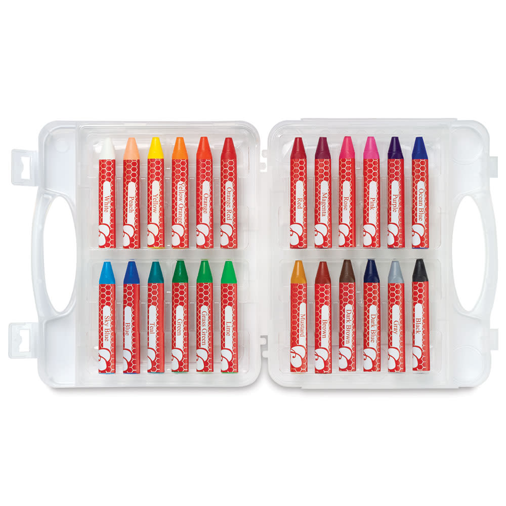 Jumbo beeswax crayons in various colors, displayed in a carry case. Triangle crayons good for easy grip
