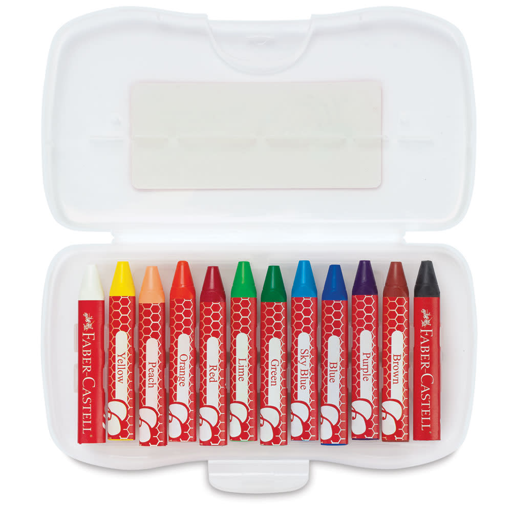Jumbo beeswax crayons in various colors, displayed in a carry case. Triangle crayons good for easy grip.