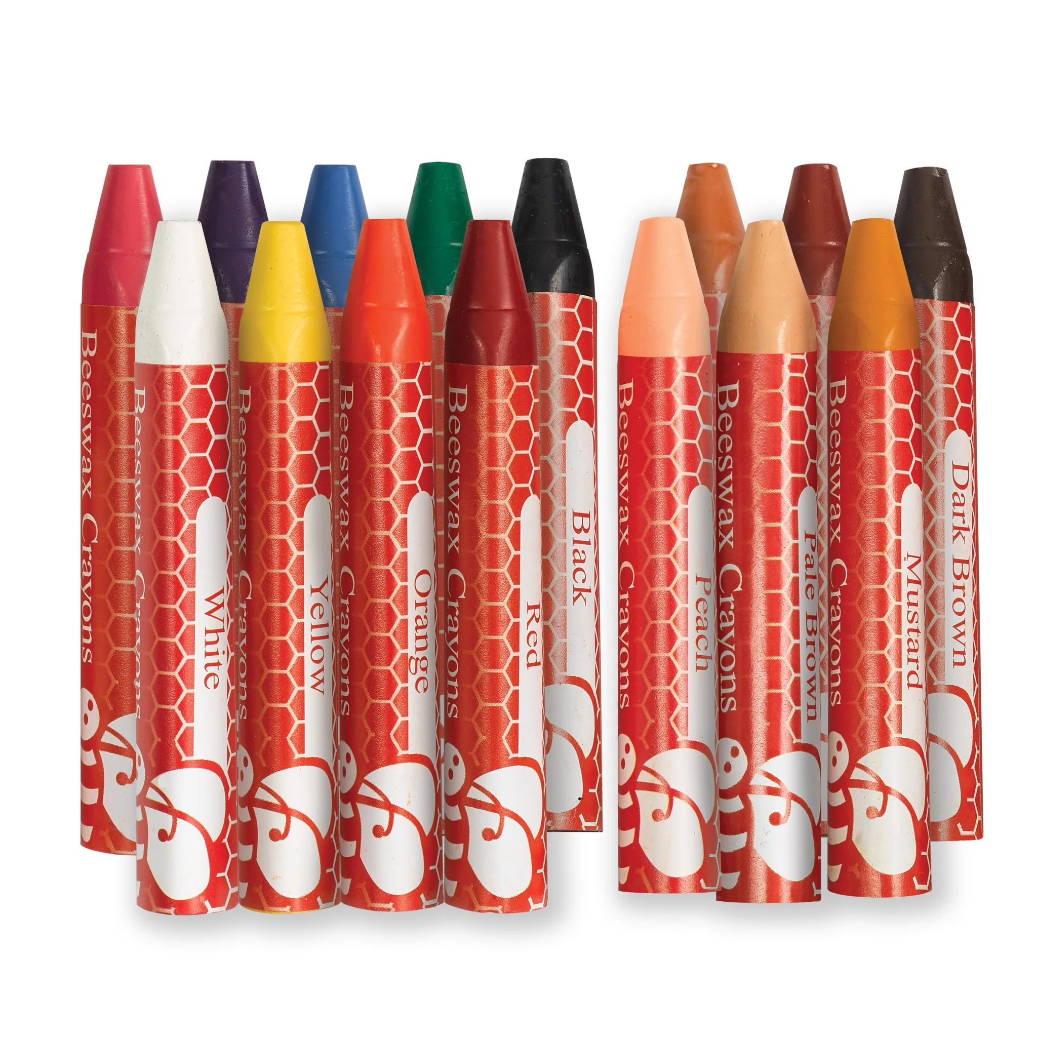set of colorful triangle shape beeswax crayons on a white background
