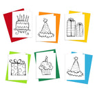Coloring cards for all ages! Great for  adults and kids to color in and wish Happy Birthday. Activity for dementia patients who like to color. Simple images with black lines easy to color in.