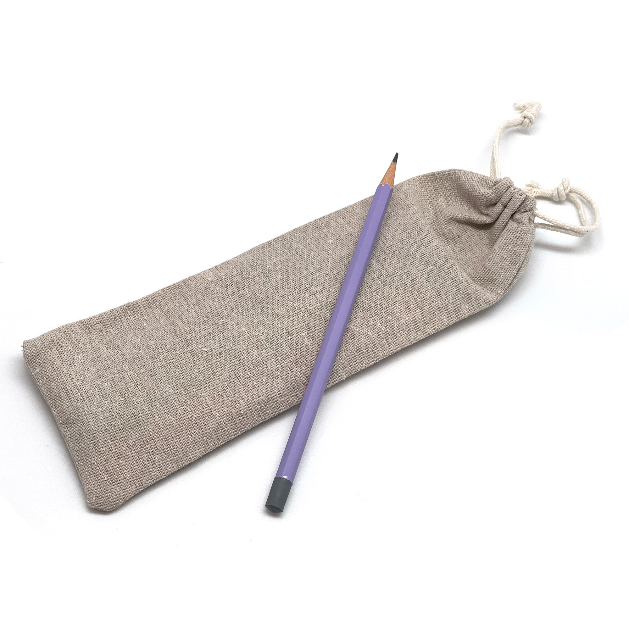 A purple Camel HB Graphite pencil and linen storage pouch on a white background