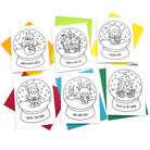 A set of six coloring Christmas greeting cards with snow globe illustrations, each with a blank interior for a personal message.