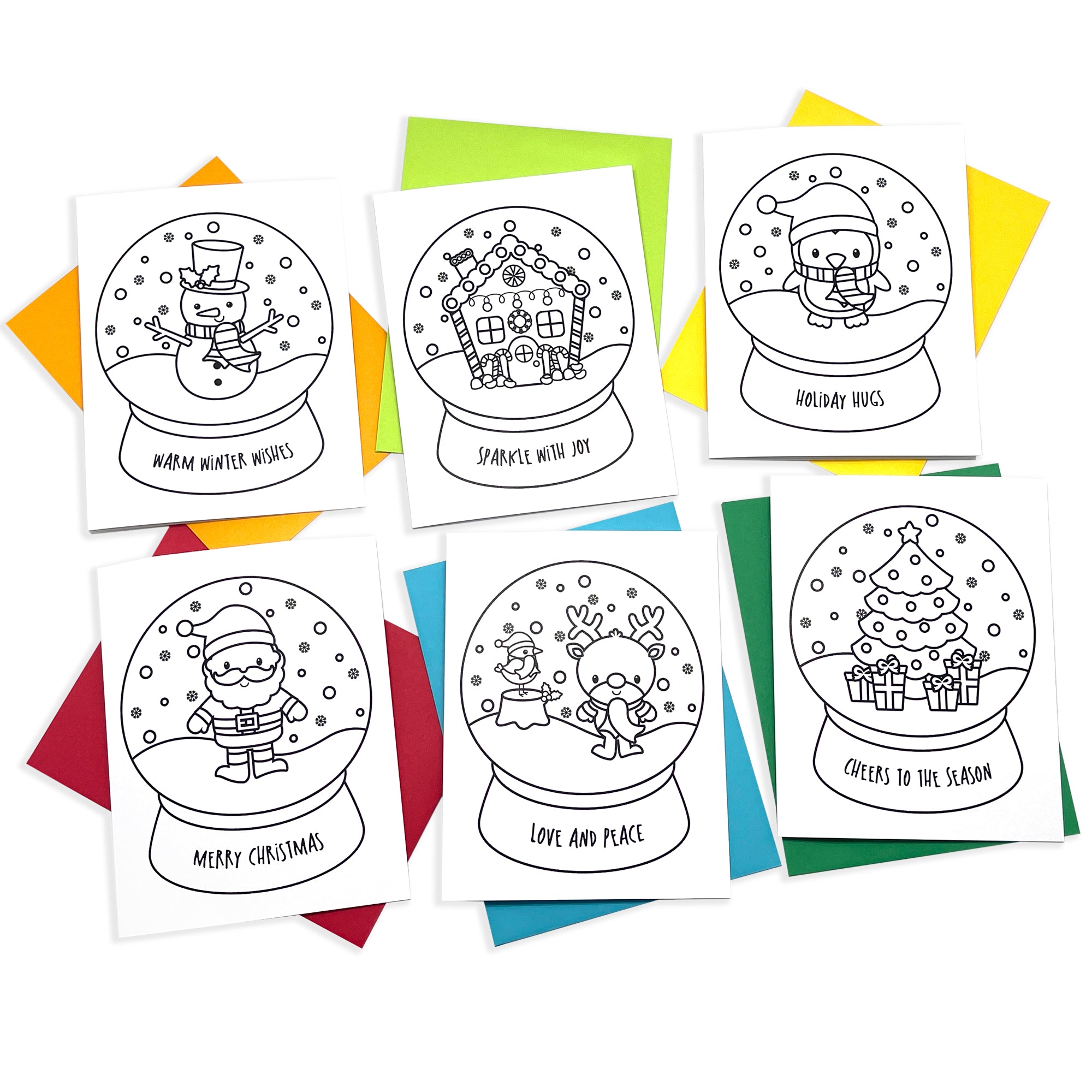 A set of six coloring Christmas greeting cards with snow globe illustrations, each with a blank interior for a personal message.
