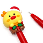 Red gel pen with a Christmas-themed chicken pen cap on a white background