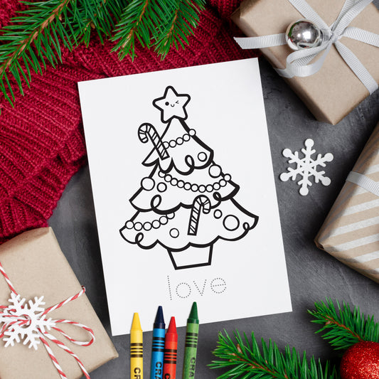 Christmas cards for kids to color. Cute Kawaii style christmas tree coloring cards with crayons and Christmas gifts