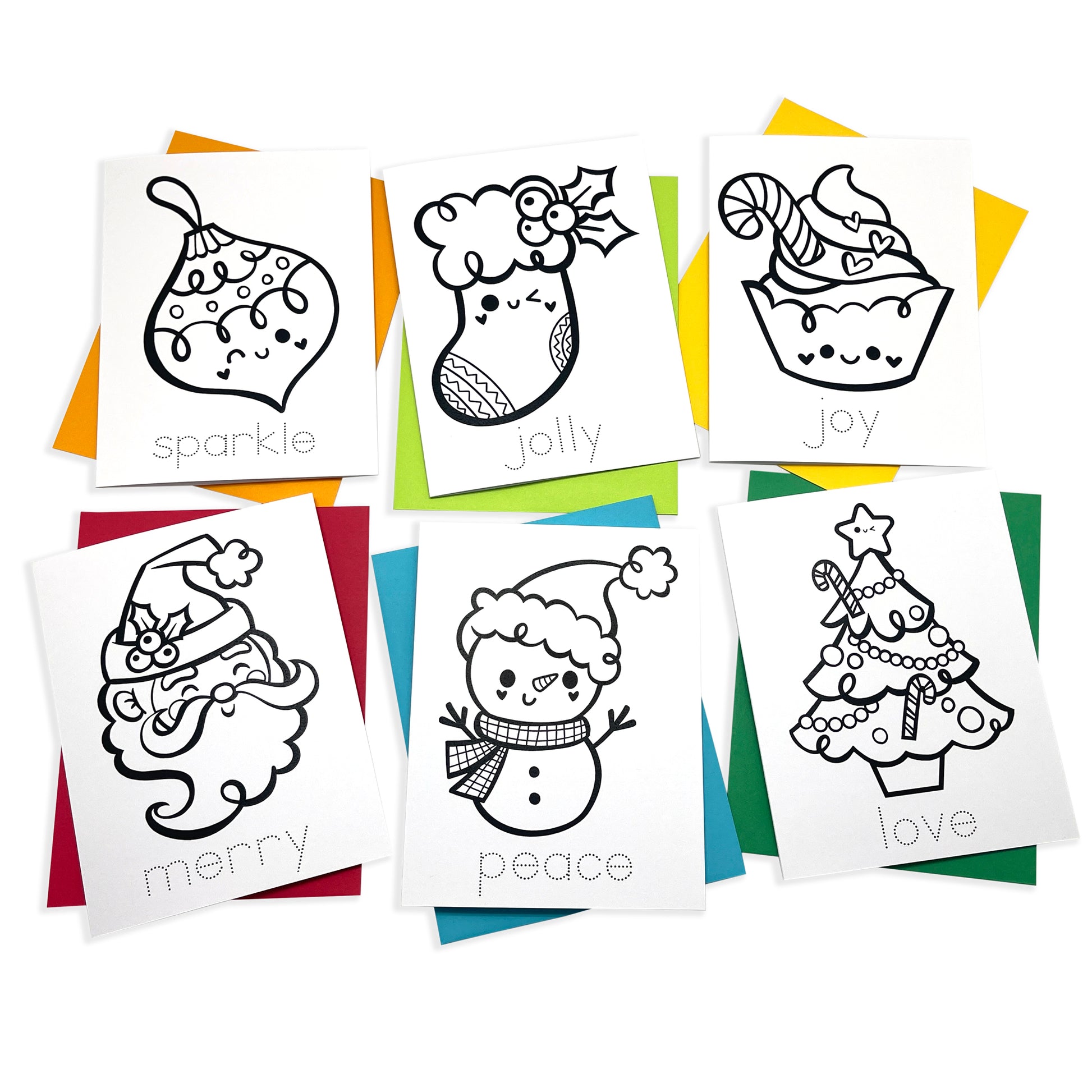 Christmas cards for kids to color. Cute Kawaii style christmas snowman cute. Santa coloring cards.